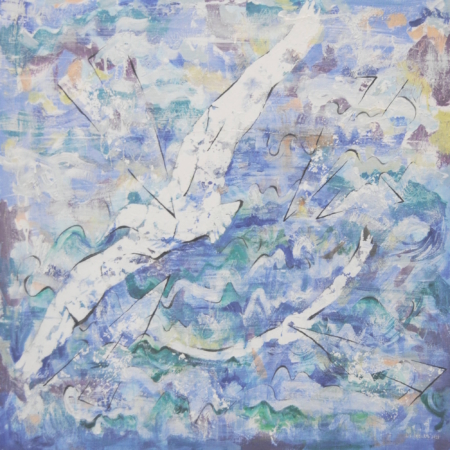 Volo di Laura Ruberto – Quadro materico con tonalità azzurre, colomba stilizzata con ali spiegate su sfondo di simboli e texture stratificate.