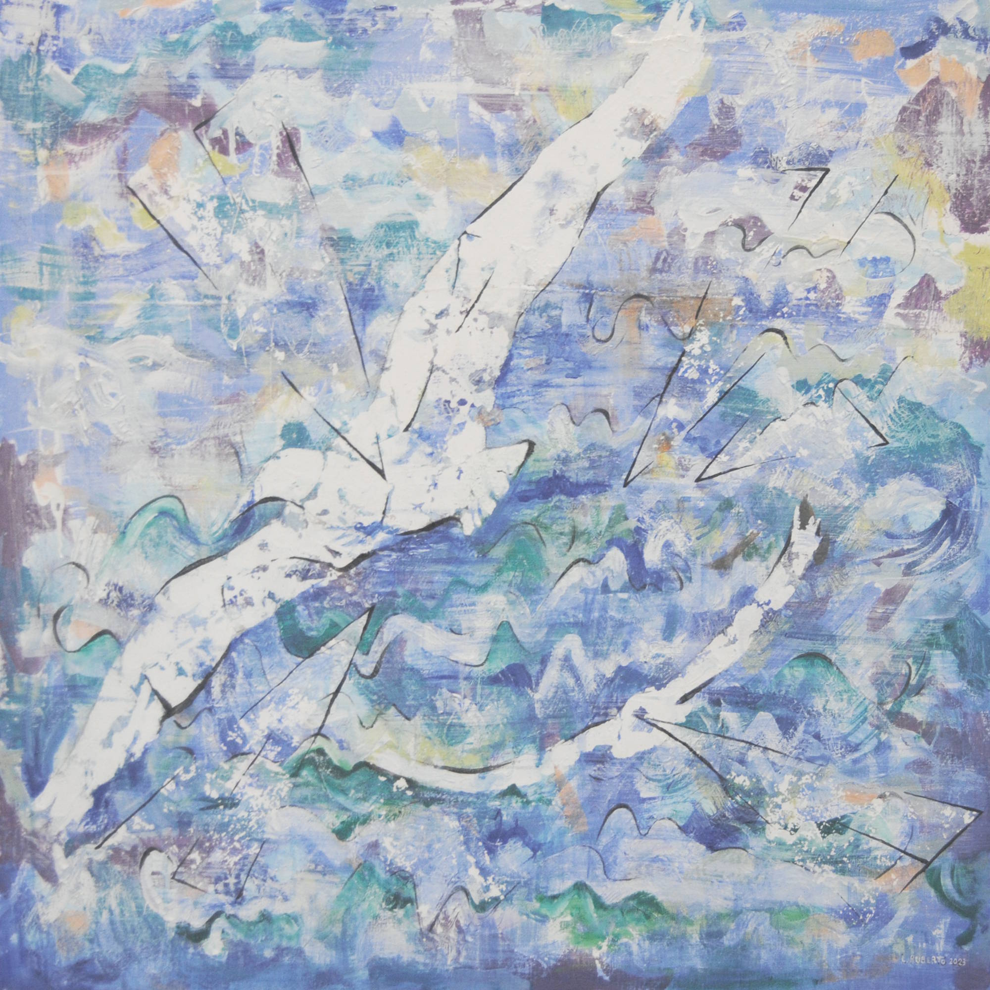 Volo di Laura Ruberto – Quadro materico con tonalità azzurre, colomba stilizzata con ali spiegate su sfondo di simboli e texture stratificate.