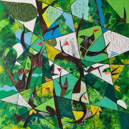 Bosco Spezzato di Laura Ruberto – Quadro materico con tonalità verdi, geometrie nette, rami spezzati e frammenti di luce, suggestione poetica e malinconica.