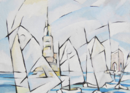 Paesaggio di Mario Gavazzi, Optimist alle secche della Meloria, mare azzurro e vivace