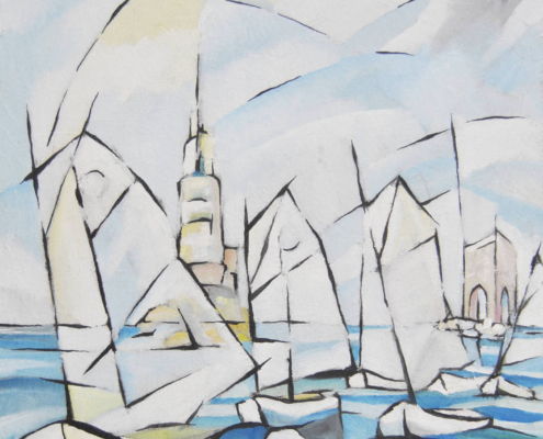 Paesaggio di Mario Gavazzi, Optimist alle secche della Meloria, mare azzurro e vivace