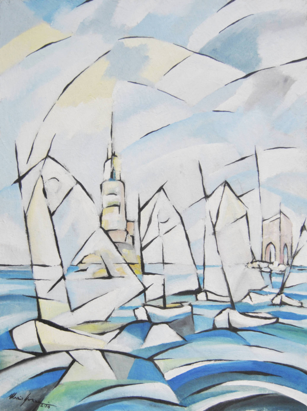 Paesaggio di Mario Gavazzi, Optimist alle secche della Meloria, mare azzurro e vivace