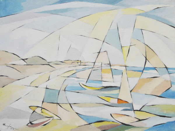 Paesaggio di Mario Gavazzi, Windsurf a Vada, colori azzurri luminosi e festosi