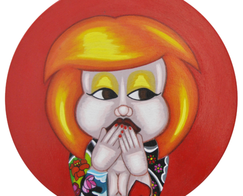 Non parlo – Doll rossa, fondo rosso, acrilico su tela 30x30 cm