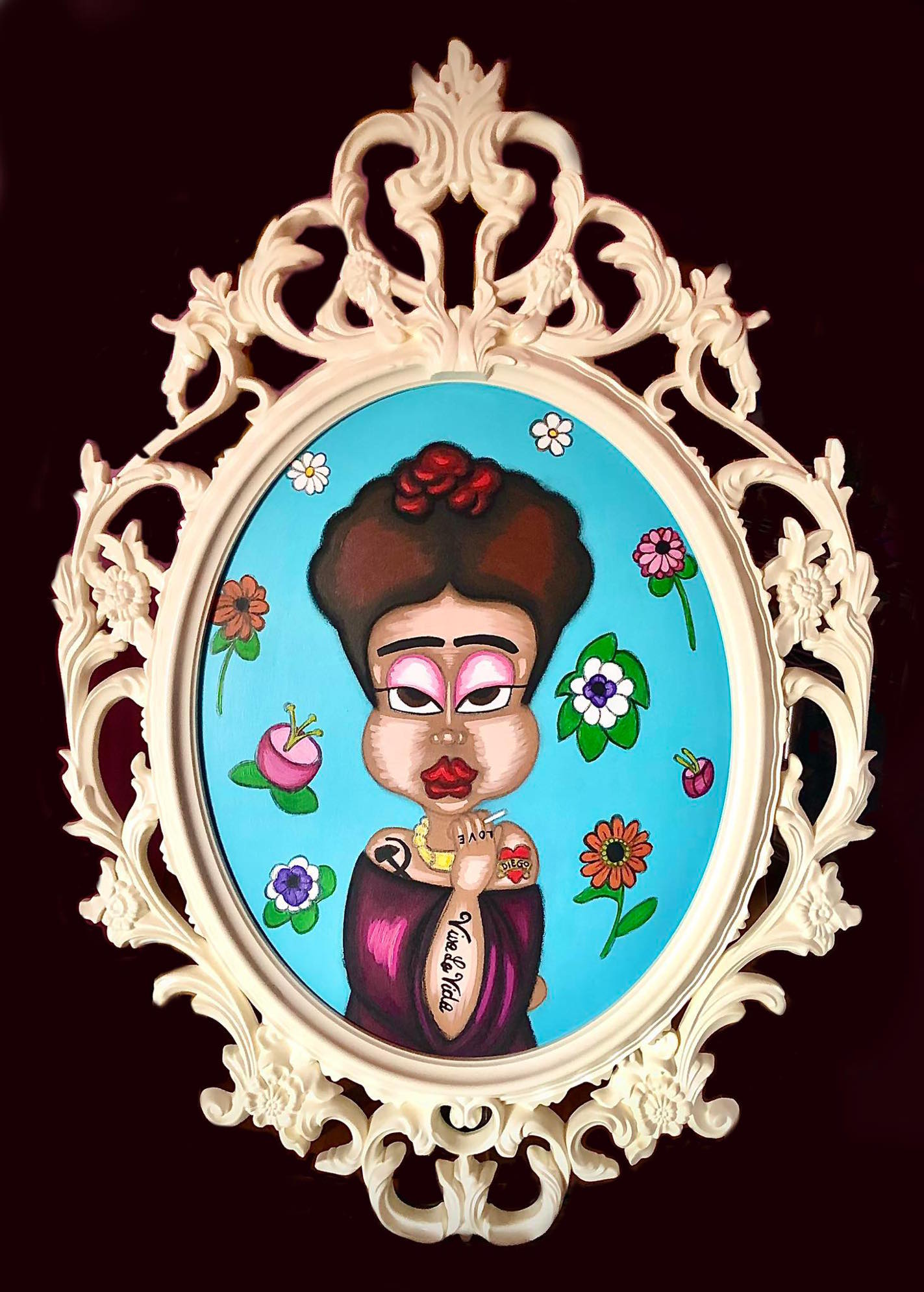 Frida – Doll Pop Art di Manuela Balma, acrilico su tela 47x37 cm, con cornice
