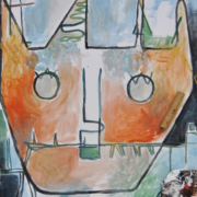 Maria Irene Vairo Gatto robot Maria Irene Vairo - Opera d’arte contemporanea su tela, collage e materiali misti, colori tenui e atmosfera onirica