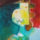 Robottino acrilico su tela, colori chiari e sguardo dolce, opera di Maria Irene Vairo.