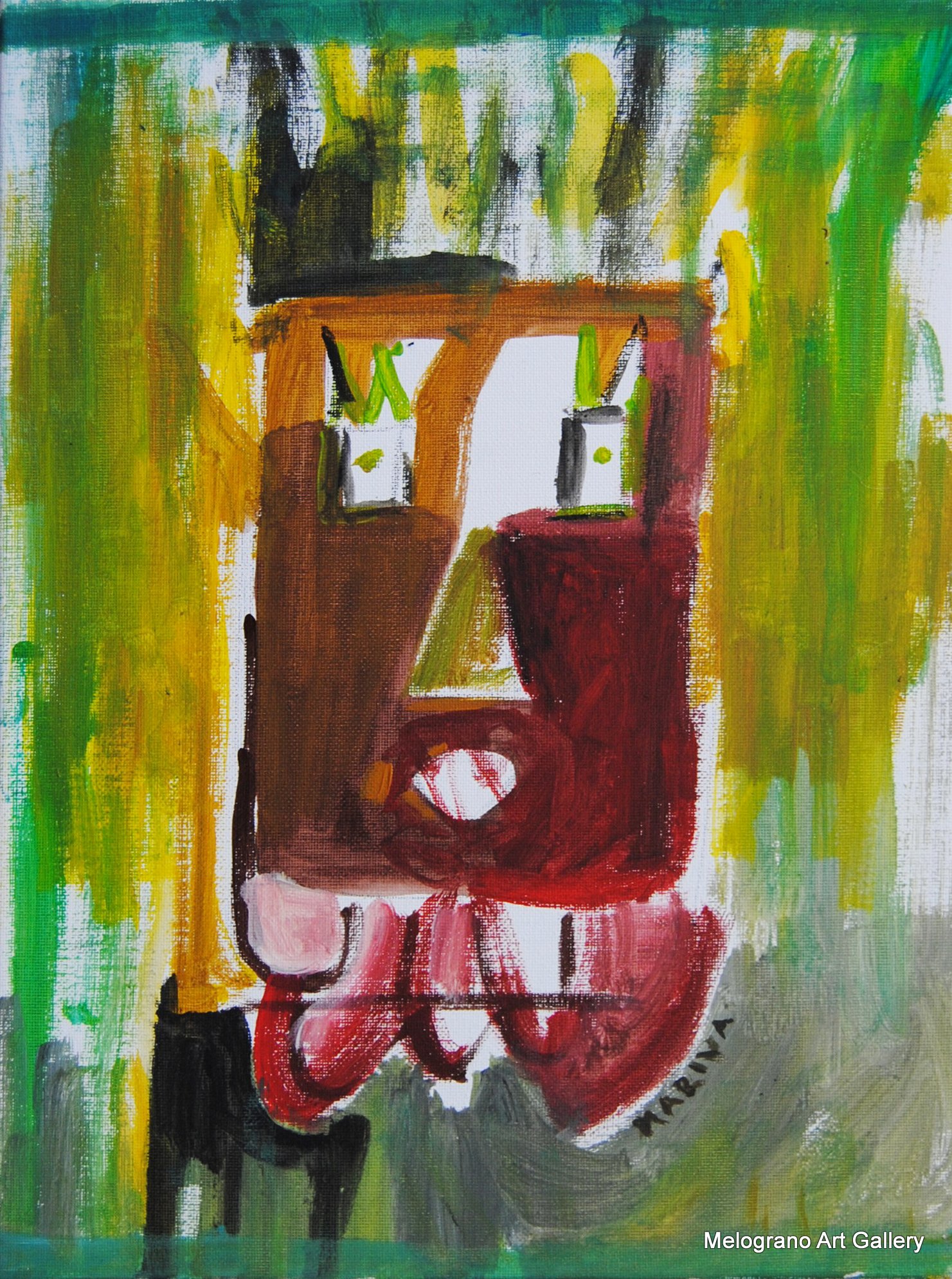 Robottino acrilico su tela, colori chiari e sguardo dolce, opera di Maria Irene Vairo.