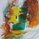 Robottino acrilico su tela, colori chiari e sguardo dolce, opera di Maria Irene Vairo.