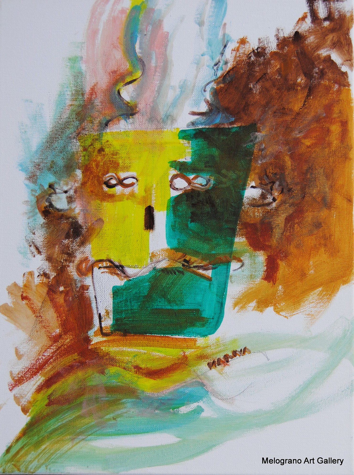 Robottino acrilico su tela, colori chiari e sguardo dolce, opera di Maria Irene Vairo.