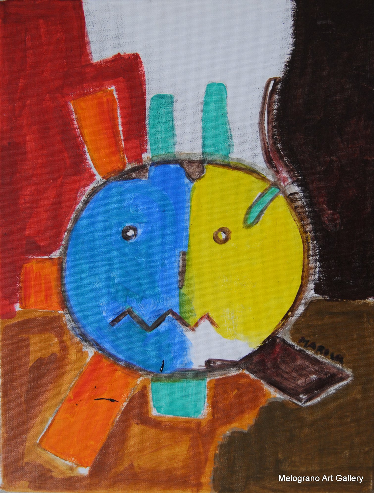 Robottino acrilico su tela, colori chiari e sguardo dolce, opera di Maria Irene Vairo.