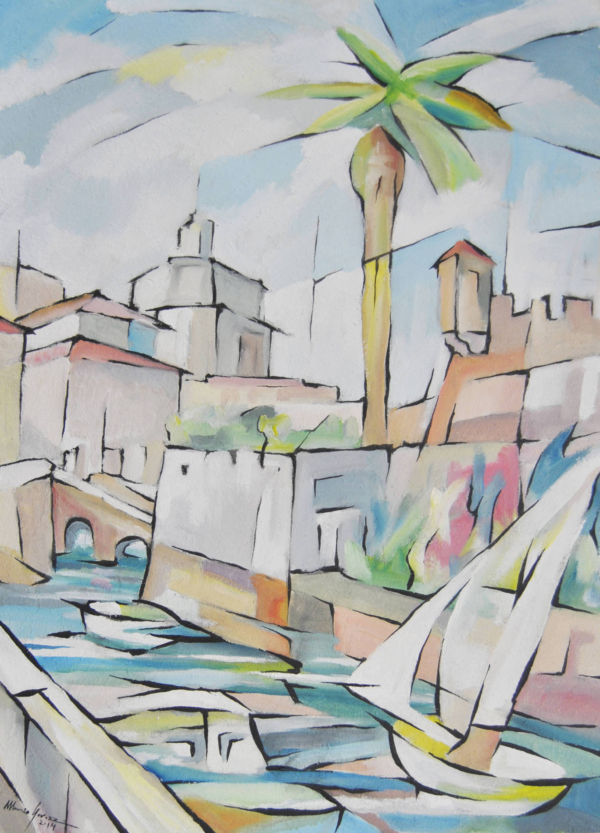 Paesaggio di Mario Gavazzi, La Fortezza Nuova nella Venezia livornese, colori azzurri luminosi