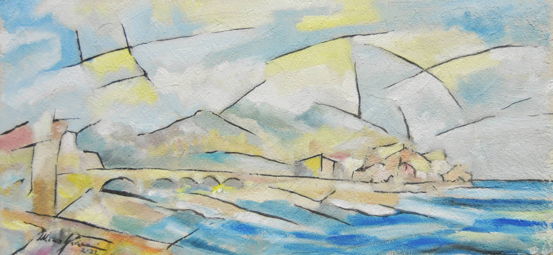 Paesaggio di Mario Gavazzi, I cinque ponti, veduta livornese in colori azzurri e luminosi