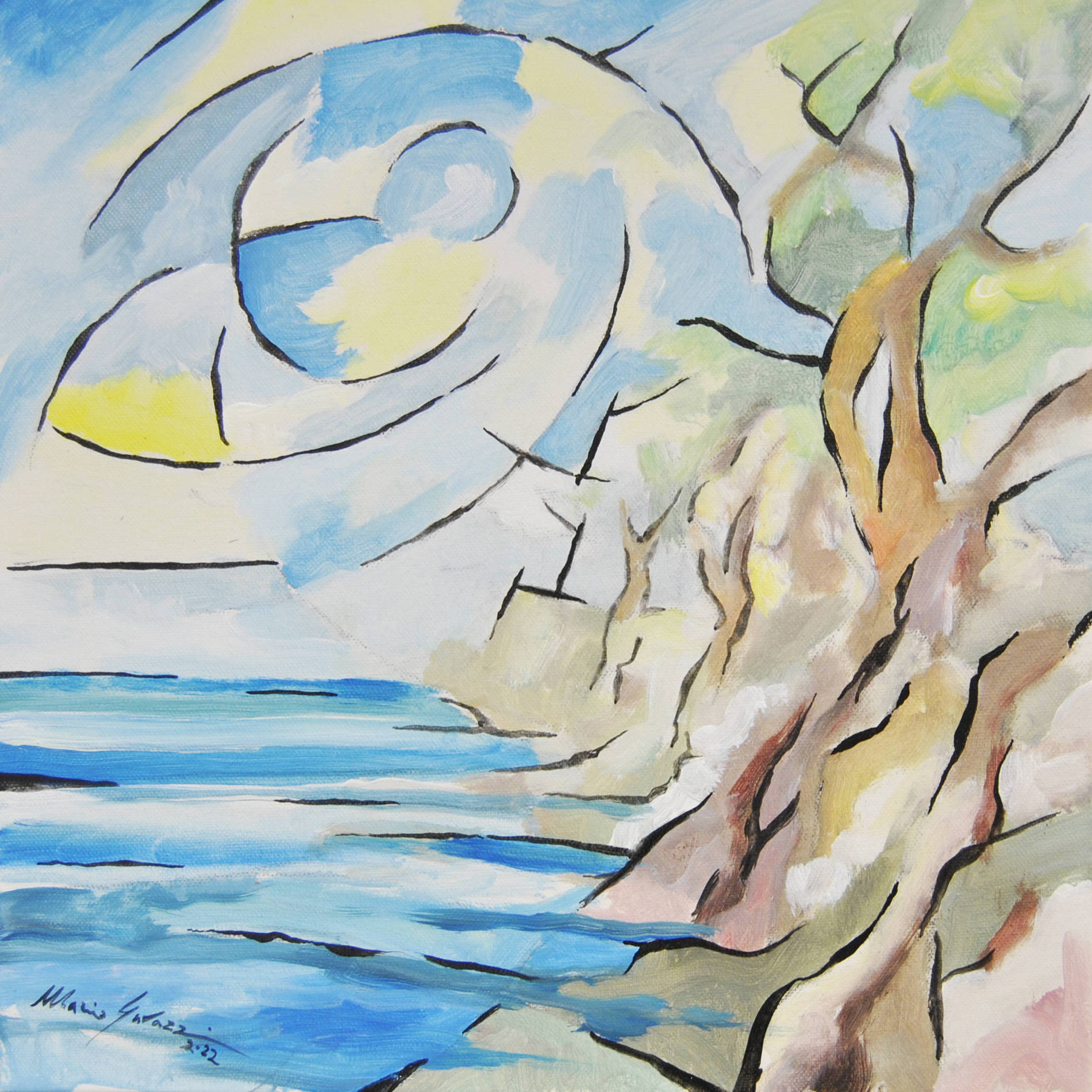 Paesaggio di Mario Gavazzi, Lungomare livornese, tasselli cromatici azzurri e luminosi