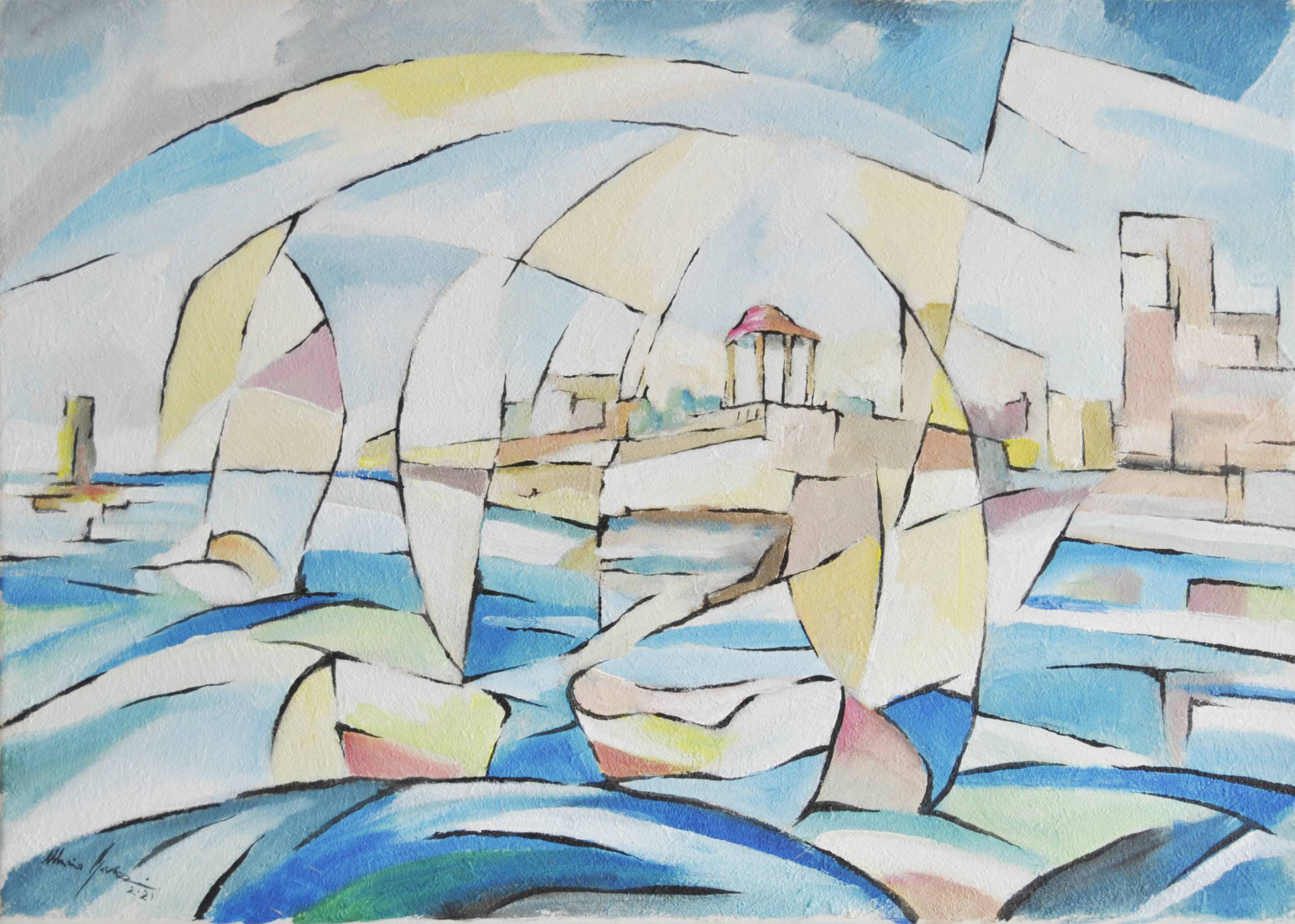 Paesaggio di Mario Gavazzi, Vele nel mare di Livorno, mosaico di colori azzurri e luminosi