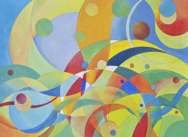 Mary Cappiello, cerchi e linee astratte, colori iridescenti, fondo lavorato, visioni interiori