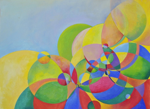 Mary Cappiello, opera astratta con cerchi e linee, colori sobri e iridescenti, fondo lavorato, acque e luce