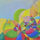 Mary Cappiello, opera astratta con cerchi e linee, colori sobri e iridescenti, fondo lavorato, acque e luce