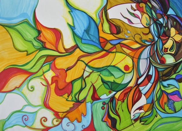 Mary Cappiello, opere astratte simili a foglie e fiamme, linee fluttuanti e zone di colore intenso e puro