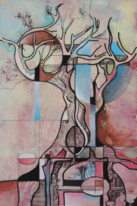 Mary Cappiello – Albero post atomico, opera astratta su carta con intreccio di linee che formano un albero su sfondo visionario