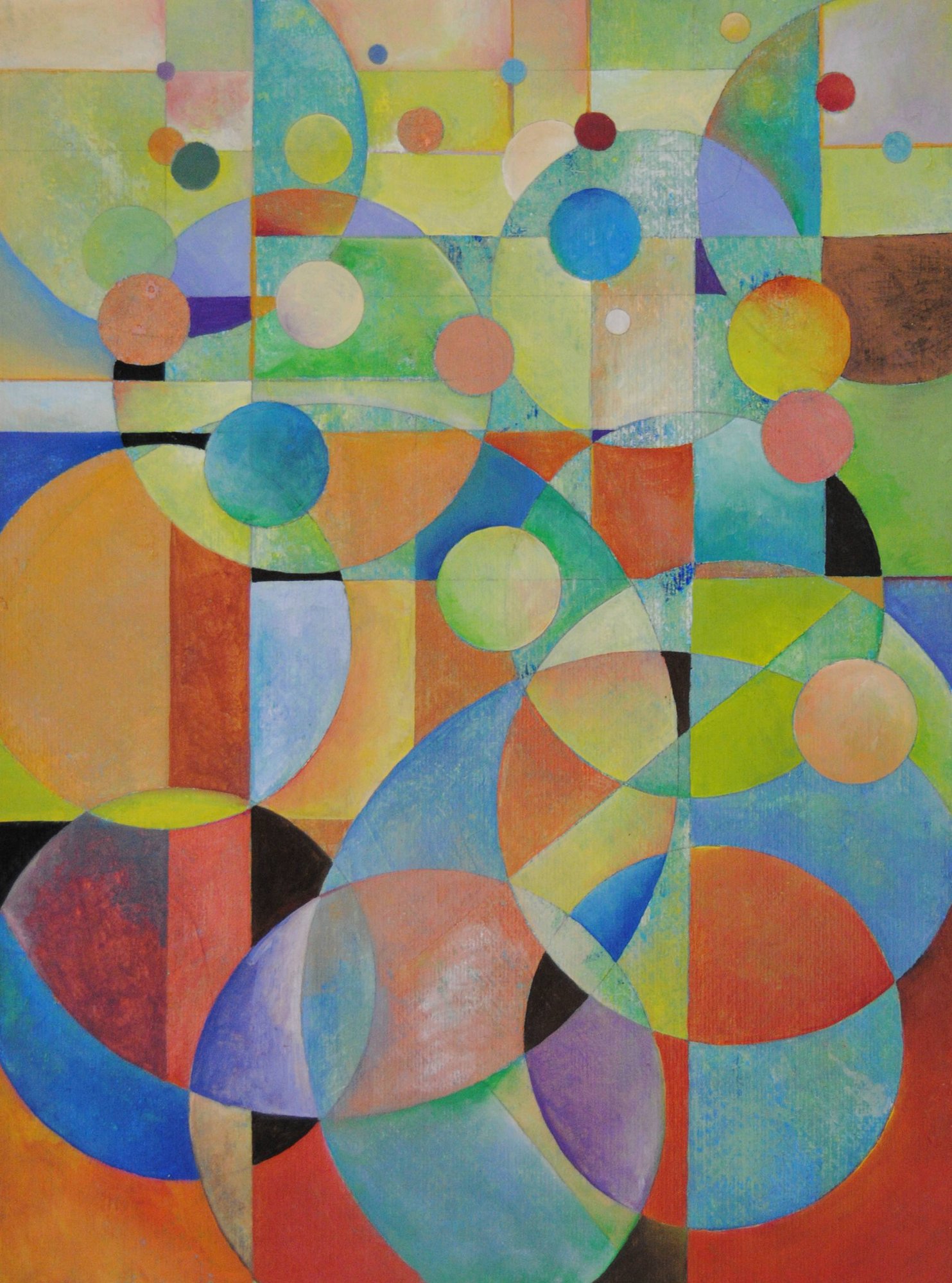 Mary Cappiello, opera astratta con cerchi e linee, colori iridescenti su fondo lavorato, evocazione di sogni e luce