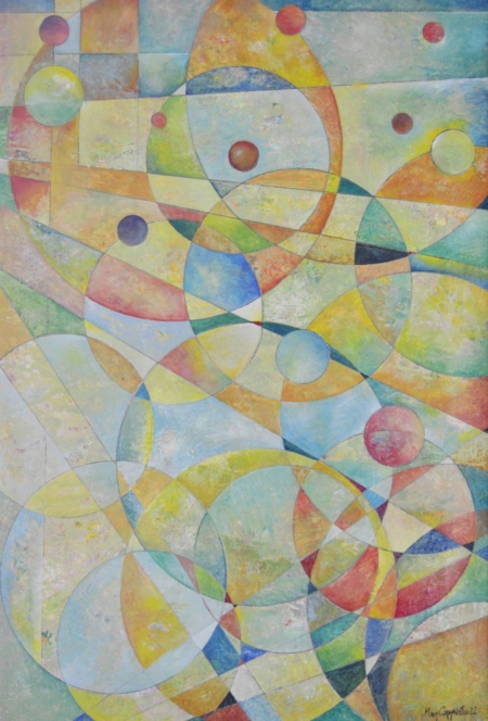 Mary Cappiello, Bolle di sapone, cerchi sospesi e stratificazioni astratte con tonalità verdi e iridescenti