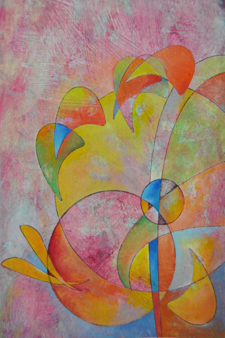 Mary Cappiello – Colori fotonici, composizione astratta in rosa, rosso e giallo, simbolo di energia e gioia di vivere