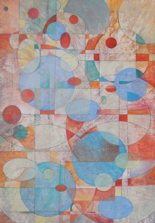 Mary Cappiello, opera astratta con cerchi e linee, colori sobri e iridescenti su fondo lavorato, evocazione di mondi astrali