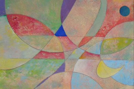 Mary Cappiello – I colori dello spazio profondo I, opera astratta con sfere e linee che evocano pianeti e soli