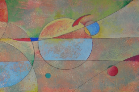 Mary Cappiello – I colori dello spazio profondo II, opera astratta con sfera centrale e linee che richiamano orbite cosmiche