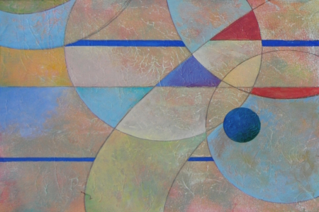 Mary Cappiello – I colori dello spazio profondo III, composizione astratta con sfere che evocano galassie lontane