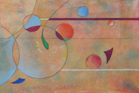 Mary Cappiello – I colori dello spazio profondo IV, opera astratta con pianeta sospeso e orbite invisibili