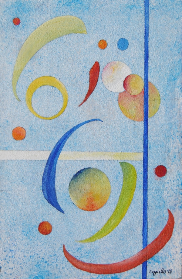 Mary Cappiello, opere astratte con cerchi e linee, colori sobri e iridescenti, fondo lavorato, universi mentali