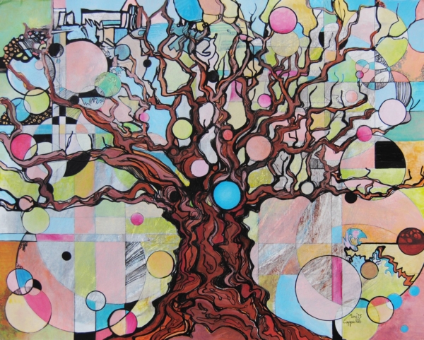Mary Cappiello, L'albero del mio cammino, albero spoglio con rami intricati e globi di luce