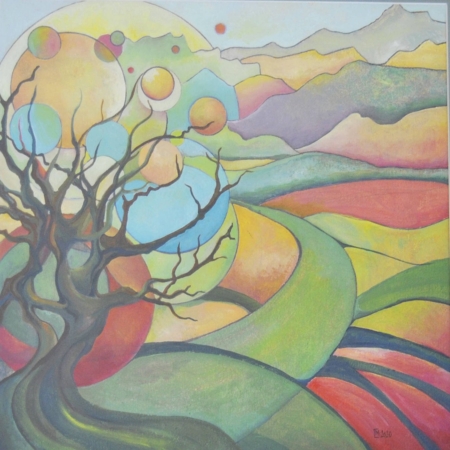 Mary Cappiello, L’albero sulla collina, albero astratto con linee fluttuanti e cerchi che evocano colline toscane