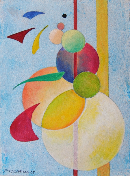 Mary Cappiello, cerchi e linee astratte, fondo lavorato, colori iridescenti, sogni sospesi