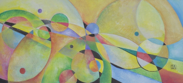 Mary Cappiello, opere astratte con cerchi e linee, colori iridescenti, sfondo lavorato, giochi di luce