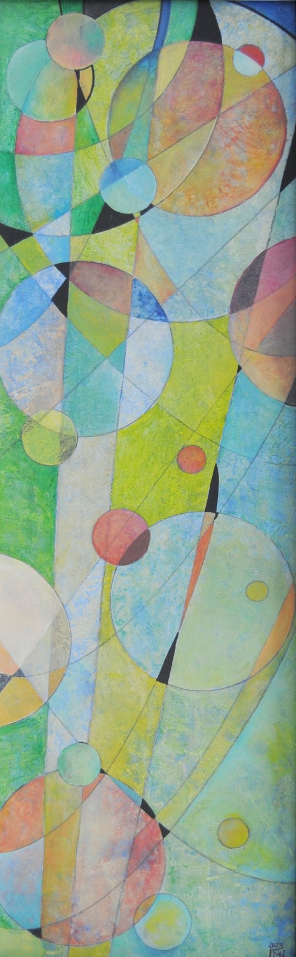 Mary Cappiello, opera astratta con cerchi e linee, colori sobri e iridescenti, fondo lavorato, giochi astrali