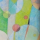 Mary Cappiello, opera astratta con cerchi e linee, colori sobri e iridescenti, fondo lavorato, giochi astrali