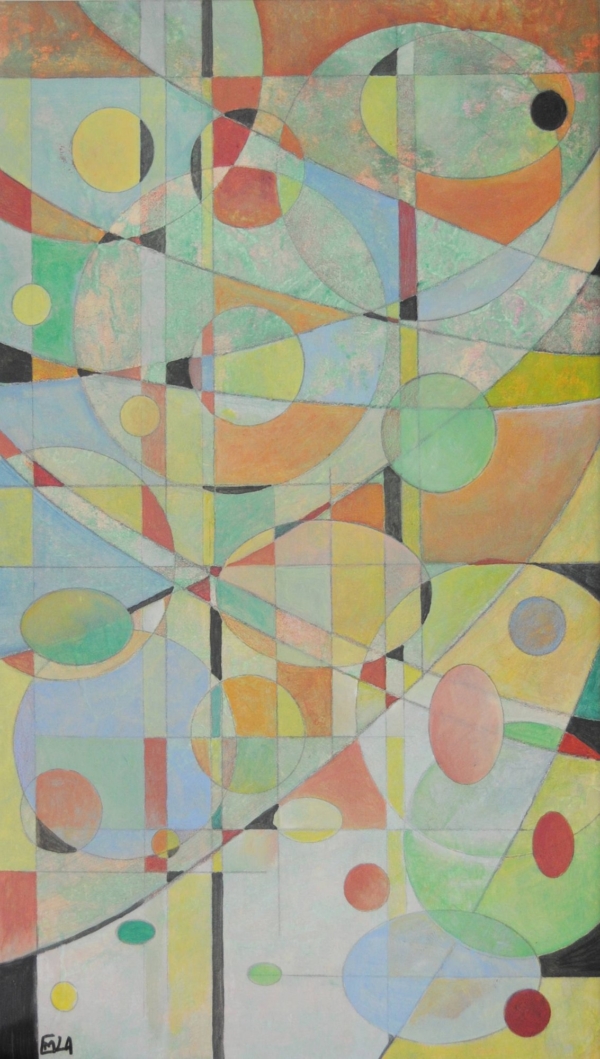 Mary Cappiello, cerchi e linee astratte, fondo lavorato, colori iridescenti, meditazione cromatica