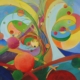 Mary Cappiello, astrattismo poetico con cerchi e linee, fondo lavorato, colori iridescenti, substrati mentali