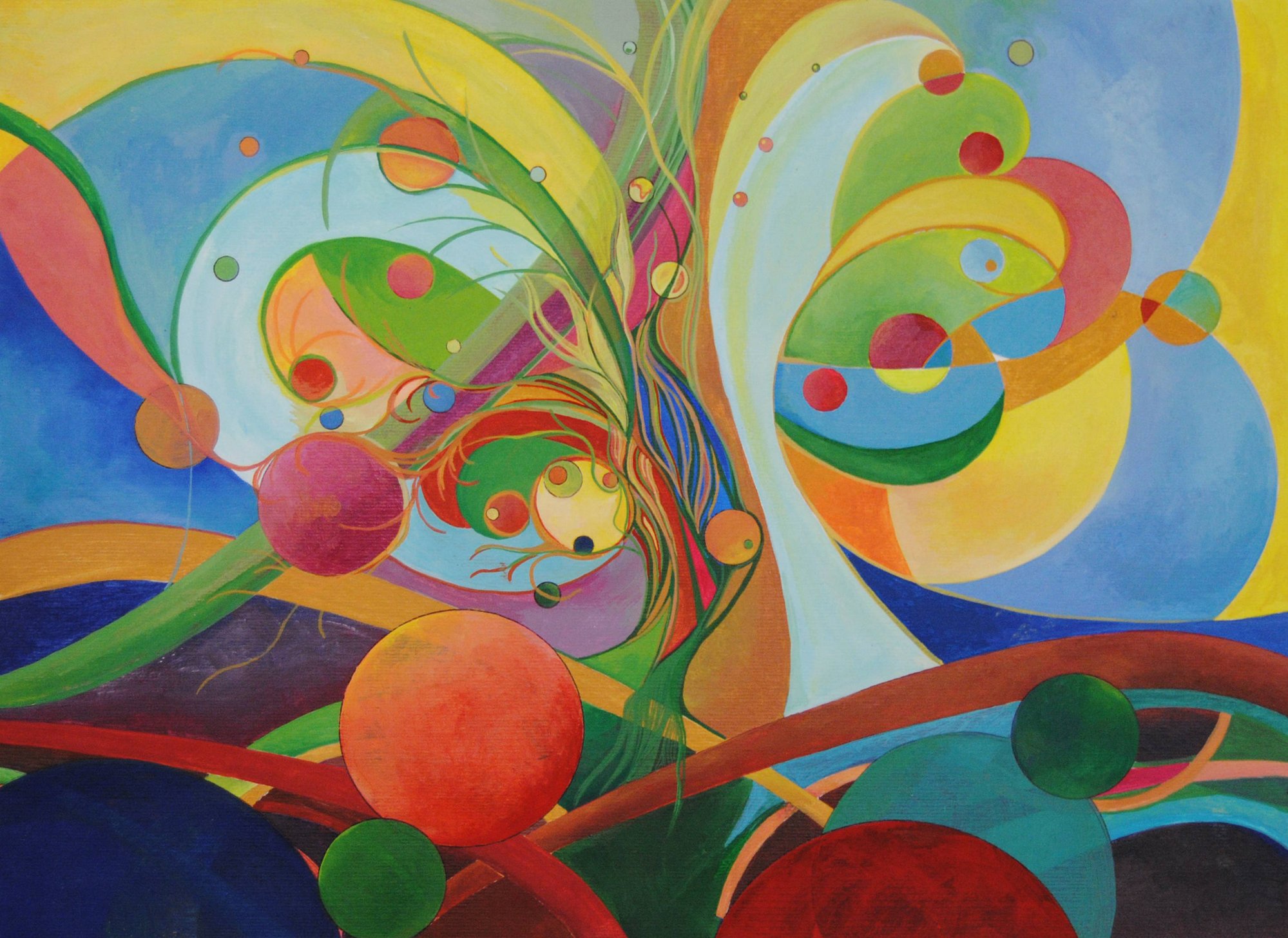 Mary Cappiello, astrattismo poetico con cerchi e linee, fondo lavorato, colori iridescenti, substrati mentali