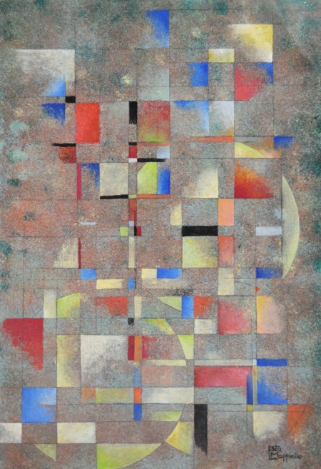 Mary Cappiello, opere astratte con cerchi e linee, colori sobri e iridescenti, fondo lavorato, universi onirici