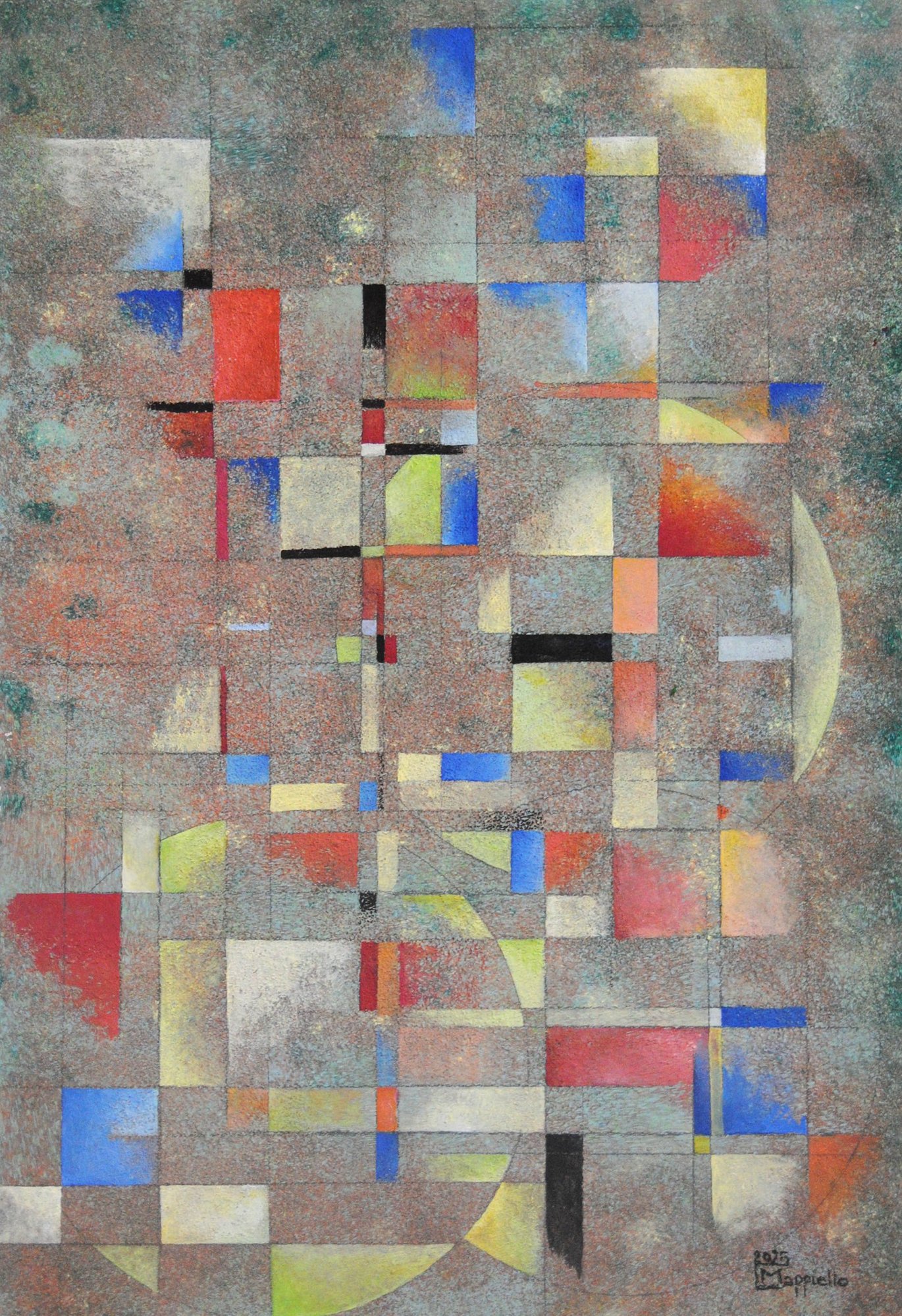 Mary Cappiello, opere astratte con cerchi e linee, colori sobri e iridescenti, fondo lavorato, universi onirici