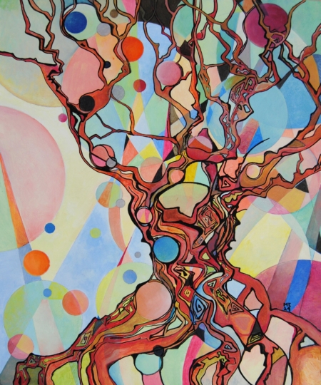 Mary Cappiello, Superstite di una esplosione, albero astratto con rami sinuosi e colori vibranti