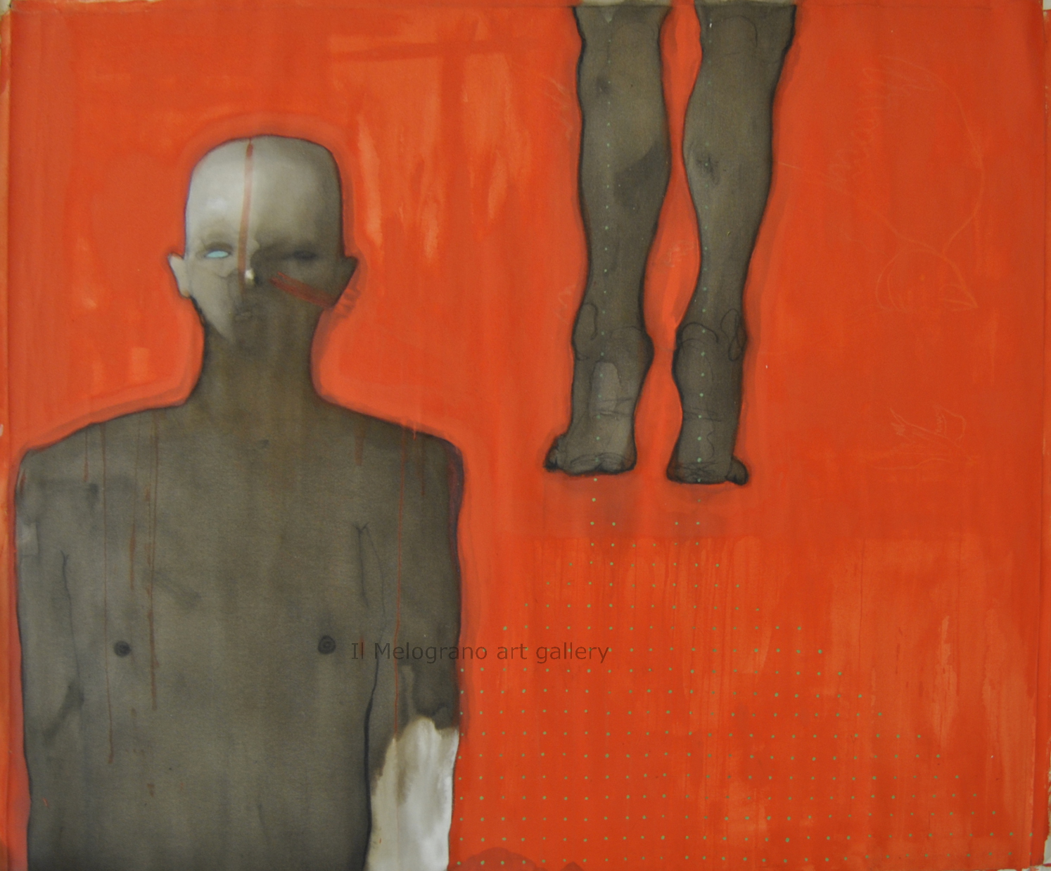 Dipinto di Ottavio Mangiarini con busto scuro e gambe sospese su sfondo rosso-arancio vibrante