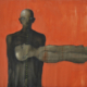 Dipinto Untitled di Ottavio Mangiarini, figura scura verticale e figura chiara fluttuante su sfondo rosso-arancio intenso