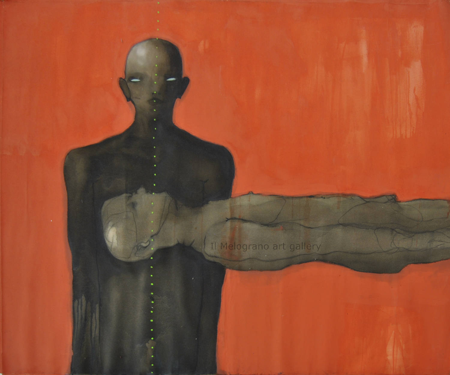 Dipinto Untitled di Ottavio Mangiarini, figura scura verticale e figura chiara fluttuante su sfondo rosso-arancio intenso