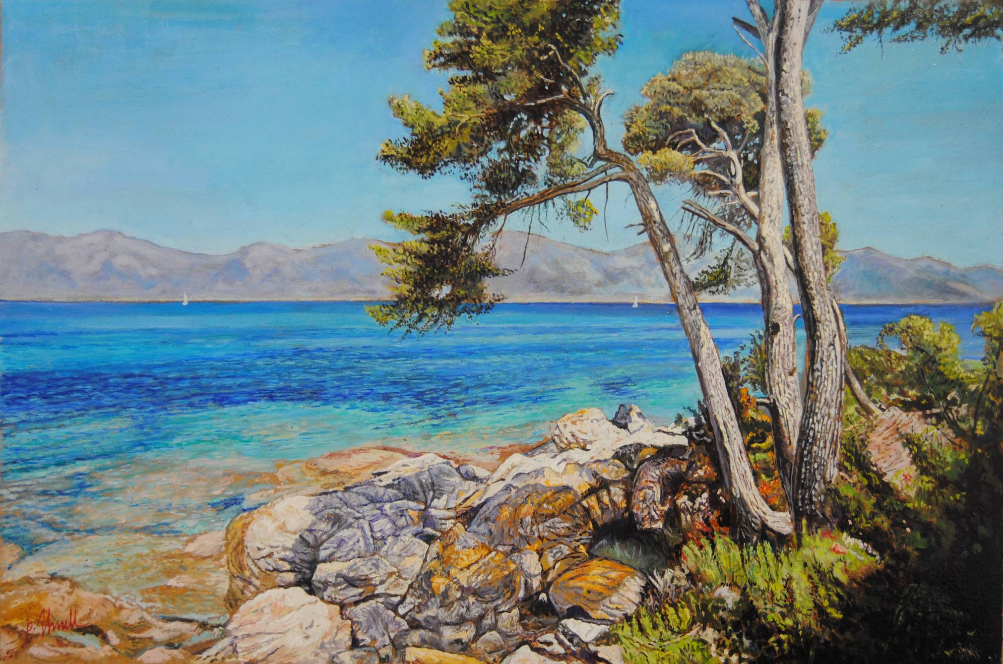 "Ramo in primo piano con veduta del mare e del cielo della Corsica, olio su tavola di Paolo Thrull