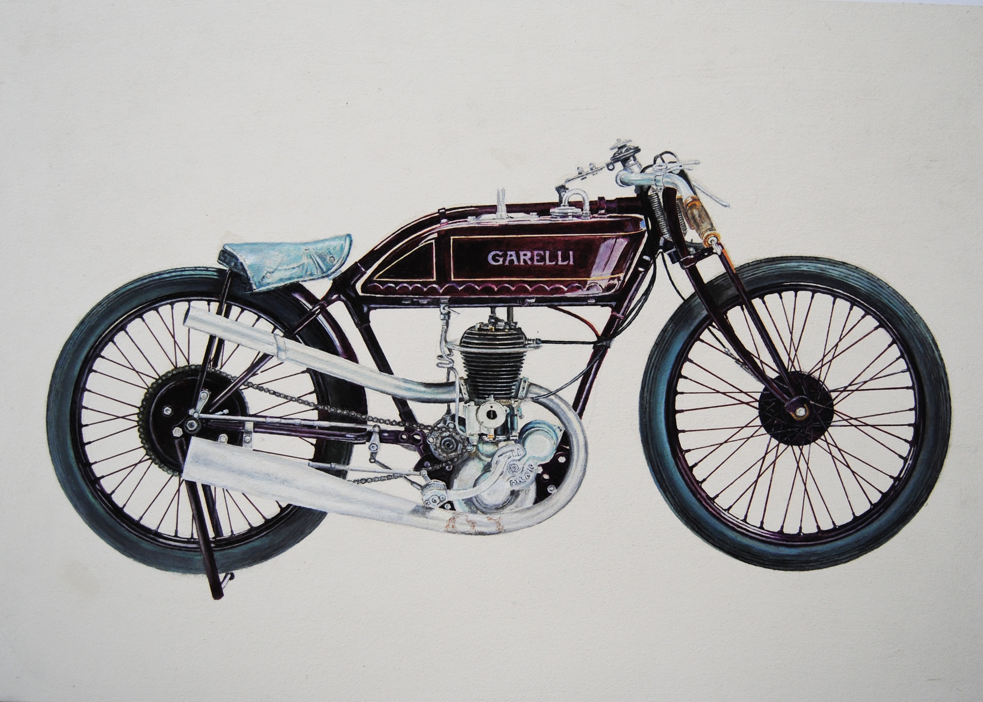 Garelli 350 GP dipinta a olio su tavola da Paolo Thrull, 50x70 cm, dettagli metallici e motore bicilindrico a due tempi